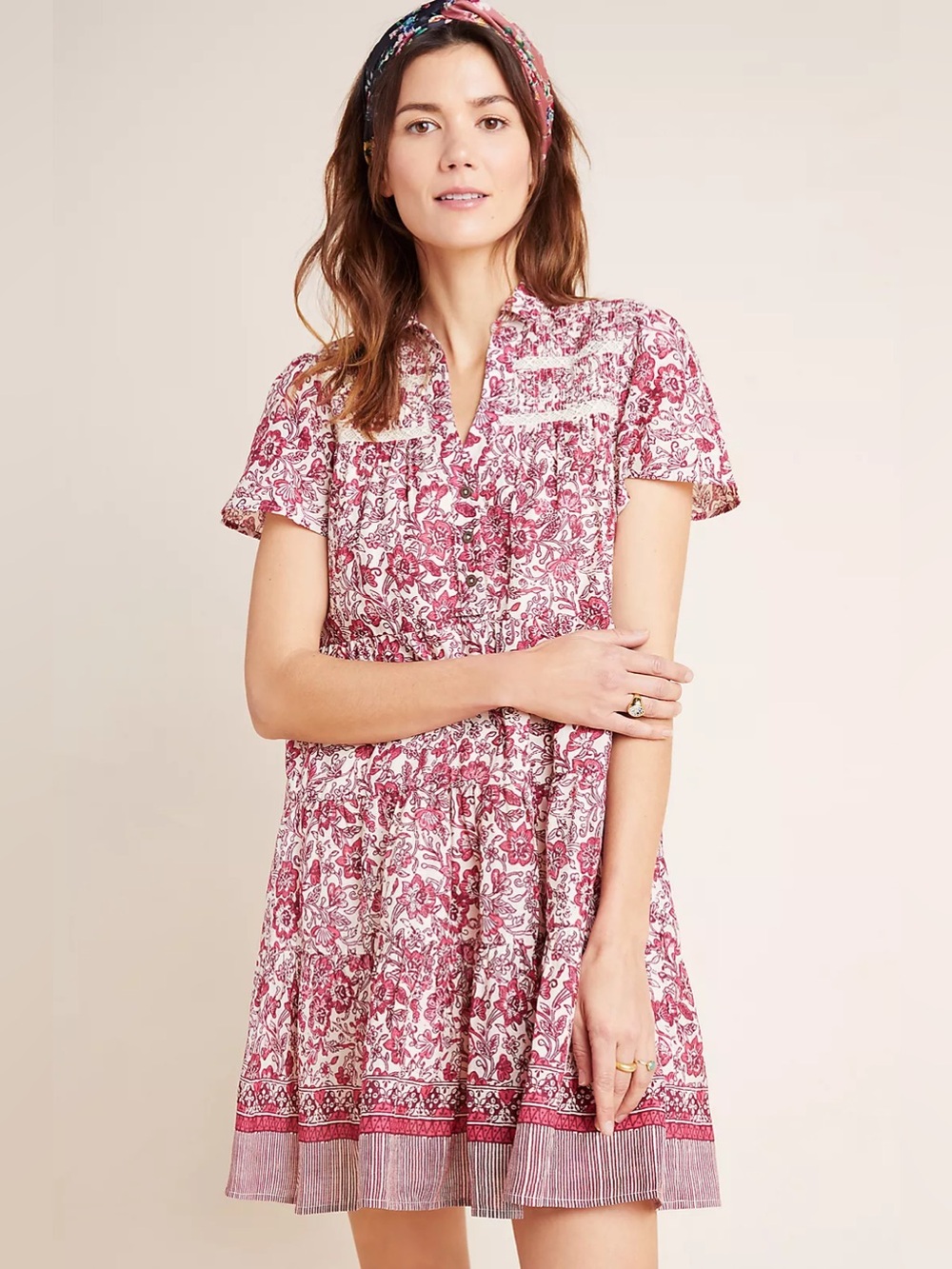 Anthropologie Georgina Tiered Shirt Dress Flowy Pink Floral Mini Dress Medium